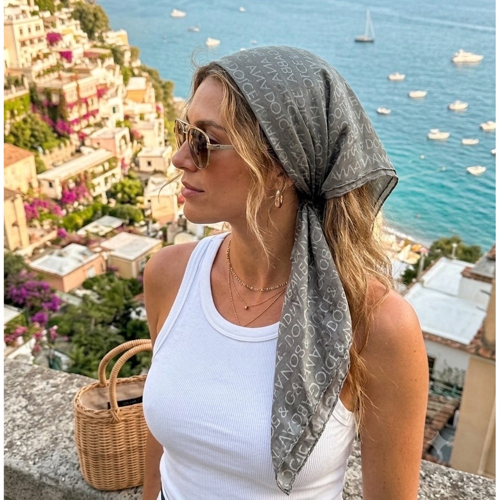 Authentic Dolce & Gabbana Grey Silk Logo Jacquard Square Scarf 27x27 - Picture 2 of 7